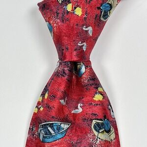 Brioni 100% Silk Tie Mens Red Boat Lake Swan Duck Novelty Nautical Italy Necktie